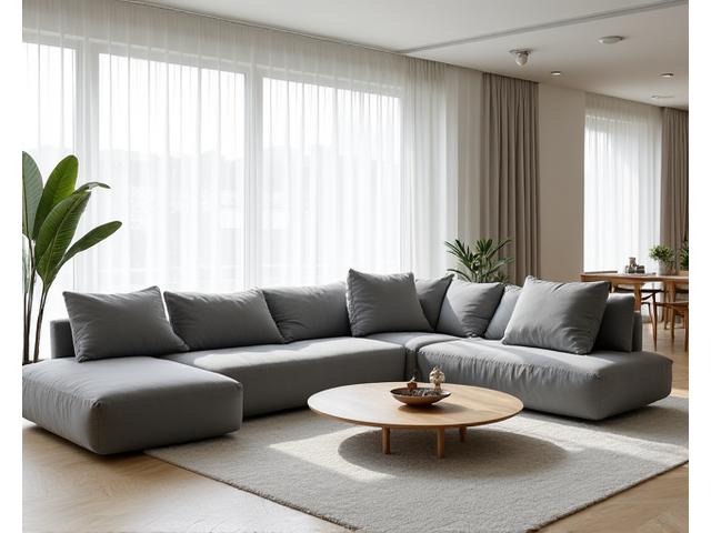 Grand canapé modulaire gris clair dans un salon lumineux, Antilope Design