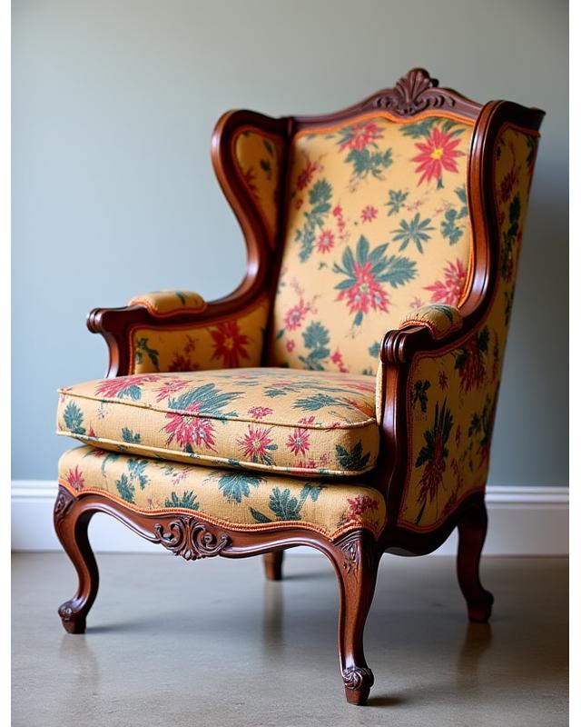 Fauteuil vintage restauré avec un nouveau tissu imprimé floral, Antilope Design
