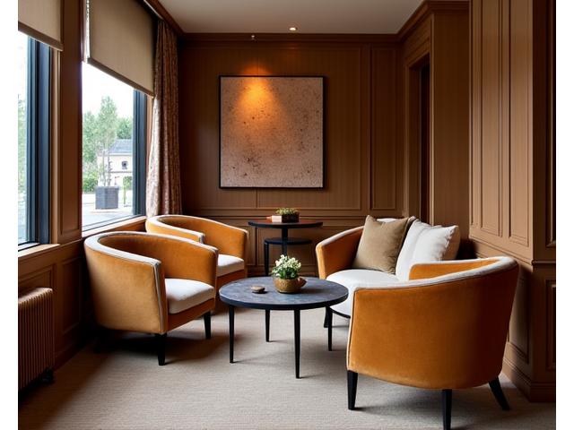 Intérieur de lounge d'hôtel boutique avec fauteuils et canapés sur mesure, Antilope Design