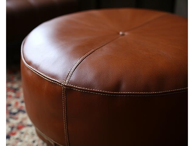 Ottoman en cuir brun vieilli, avec finition cloutée. Antilope Design