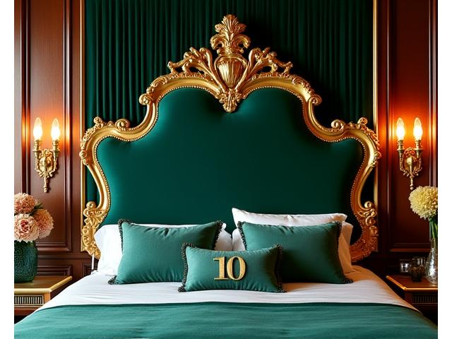 Tête de lit en velours vert émeraude avec détails dorés, Antilope Design